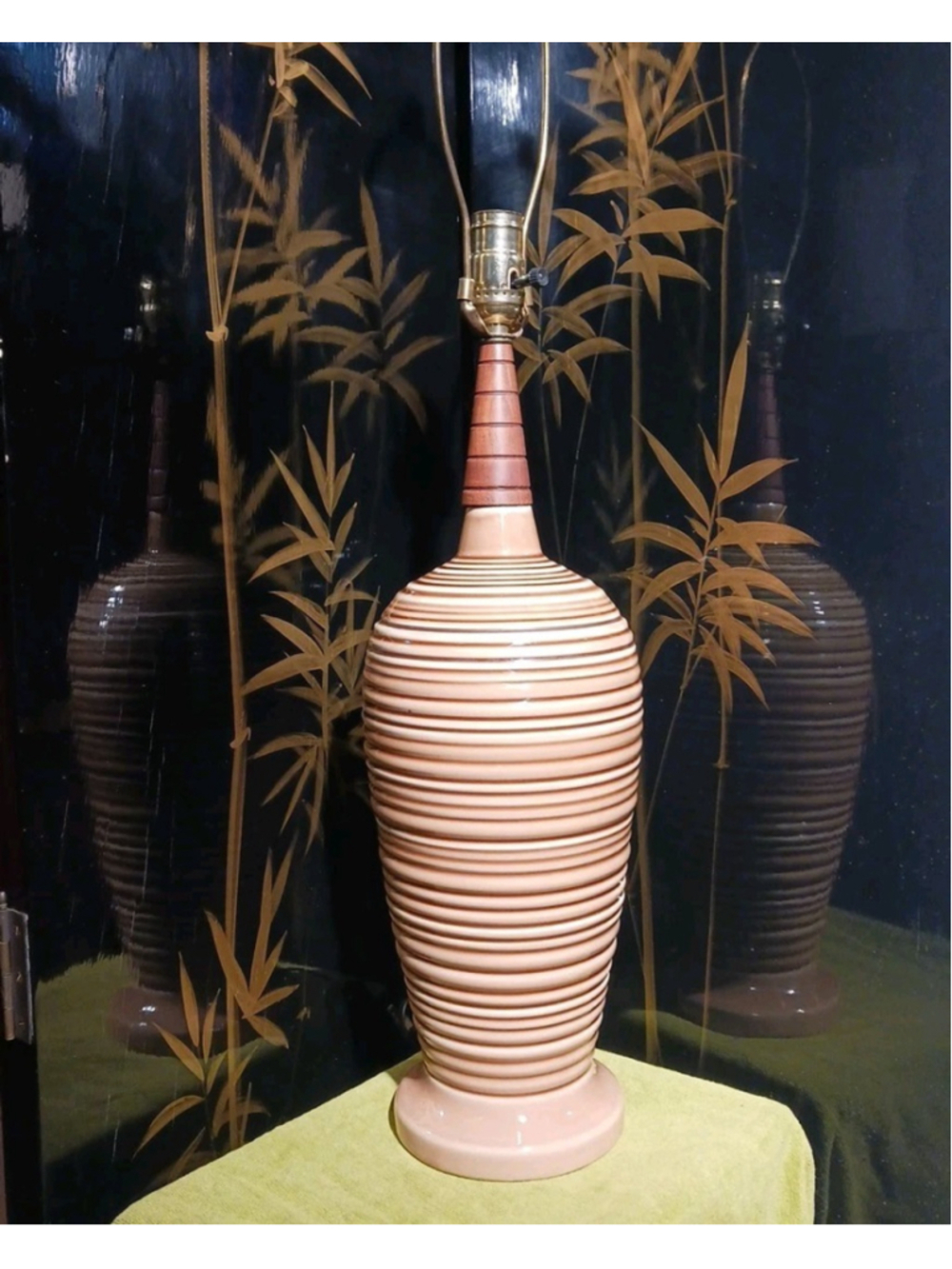 VTG MCM Ceramic Colied Pottery Wood Neck Table Lamps Brown Beehive 23"x6"